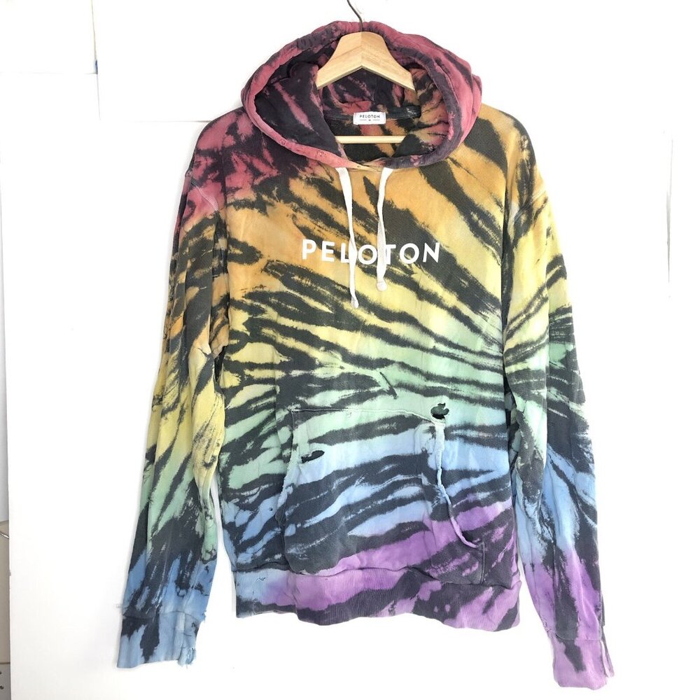 Peloton Mens Distressed Hoodie Size M Tie-dye Holes Ripped Teared Streetwear Y2K